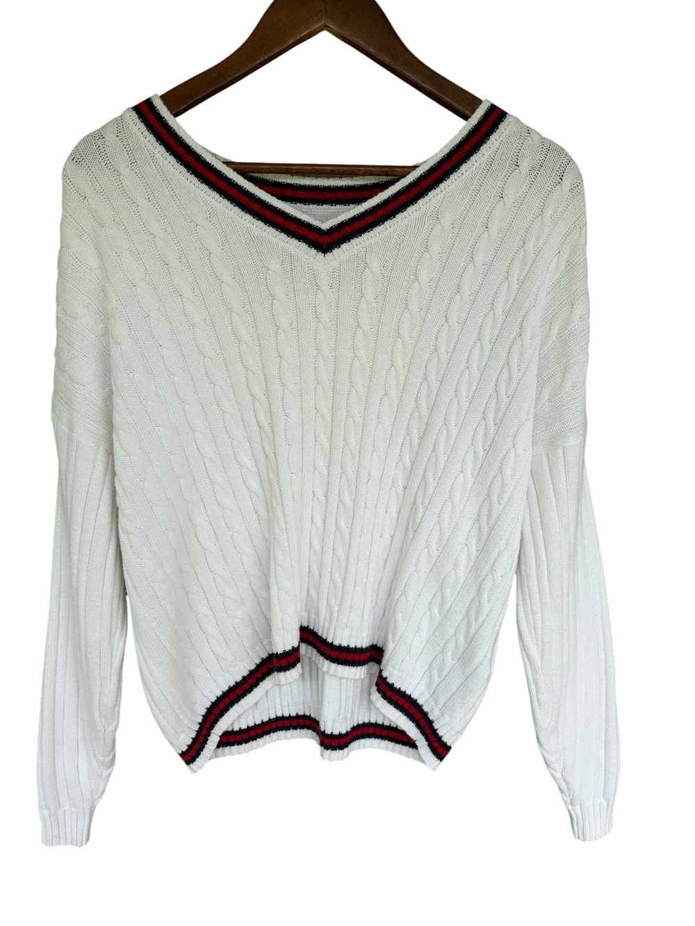 Hollister Cable Knit V-Neck Sweater White Varsity Preppy Small